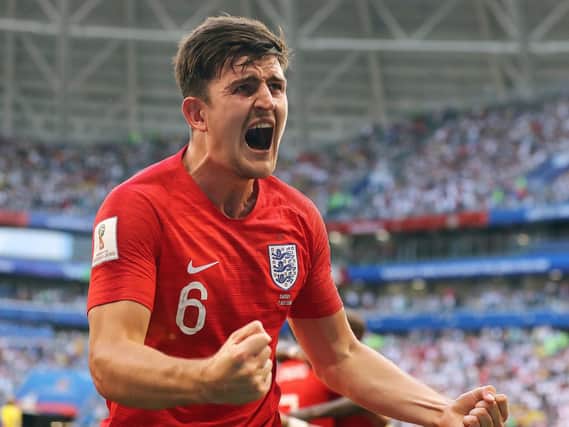 Sheffield-born Harry Maguire celebrates his goal in the quarter-final victory over Sweden. Pic: PA.