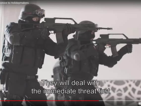 A still from the Counter Terrorism Policing video Stay Safe Abroad.