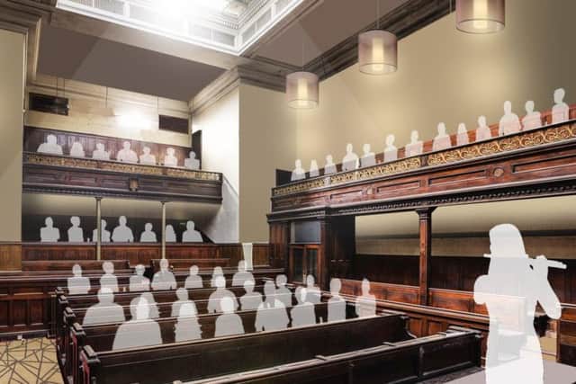 An artist's impression showing how the former courtroom at the Old Town Hall could look if it is transformed into a performance space (pic: Integreat Plus)