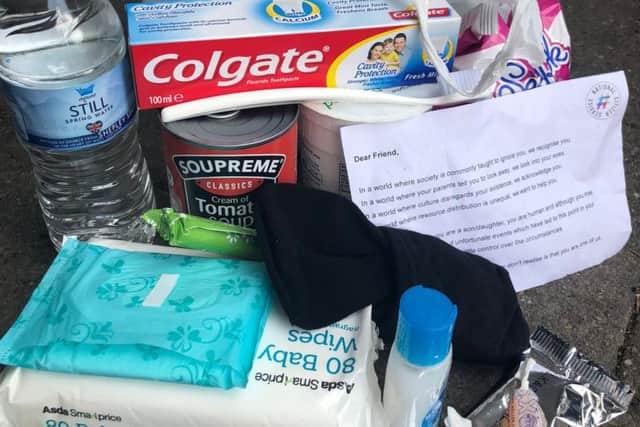 The care packages included items such as toothbrushes, toothpaste, instant noodles, canned soup, hard boiled sweets, wet wipes and socks