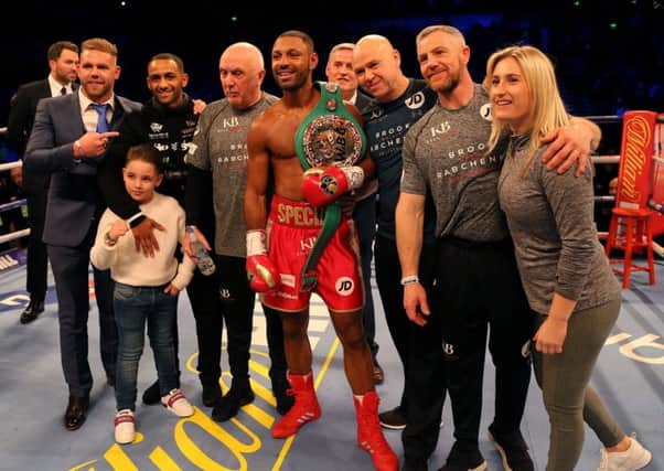 Kell Brook (centre) with his team, including Kid Galahad and Billy Joe Saunders. Pic: Richard Sellers/PA Wire