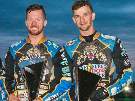Kyle Howarth left and Charles Wright celebrate Championship Pairs glory. Pic: Taylor Lanning.