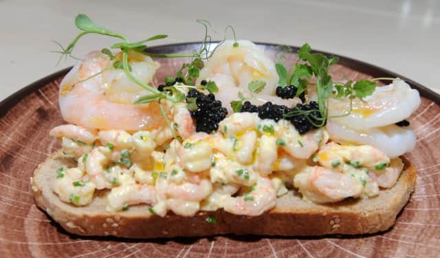 King prawn skagen with lemon mayonnaise, dill, toasted rye bread and smoked herring roe at Brocco on the Park.