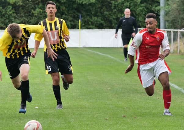Photo : One of Stocksbridge new signings, Tyler Williams, in action in the 1-1 friendly draw at Nostell MW - Credit Peter Revitt.
