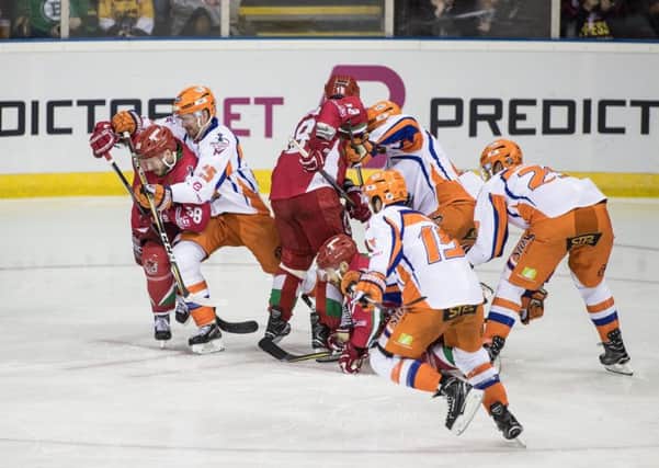 Sheffield Steelers' older guard make way for younger, less EIHL-experienced players. Although Mark Matheson, left, remains from the 2017-18 crop. Pic: Dean Woolley