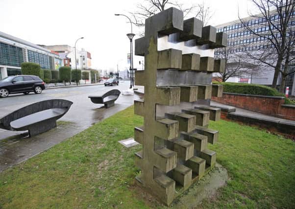 Sheffield's 'hidden' public art. Sheen - sandstone and stainless steel grid at the top of Howard Street, dedicated to Sheffield-born comedian Marti Caine. Picture: Chris Etchells