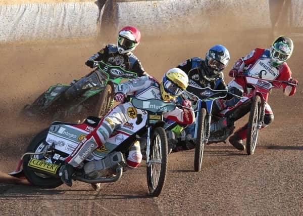 Steve Worrall leads Todd Kurtz , Charles Wright and Danny Phillips in heat one. Picture: Andy Garner