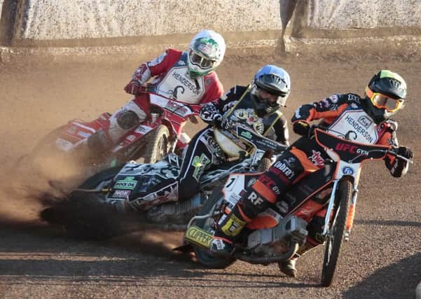 Gino Manzares leads Joe Lawlor and Danny Phillips Ht2
 Sheffield Tigers v Scunthorpe Scorpions Picture courtesy of Andy Garner