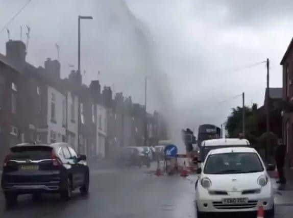 The burst water main in Woodseats.