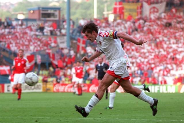 Davor Suker scores in Croatia's 3-0 win over Denmark at Euro 96 at Hillsborough.