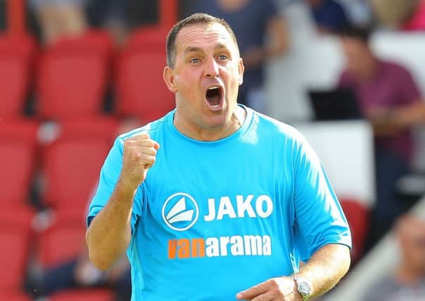 Picture by Gareth Williams/AHPIX.com; Football; Vanarama National League; Ebbsfleet United v Chesterfield FC; 04/08/2018 KO 15:00; The Kuflink Stadium; copyright picture; Howard Roe/AHPIX.com; Martin Allen celebrates after getting his Chesterfield career off to a winning start at Ebbsfleet