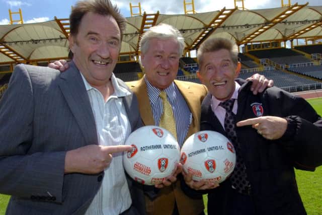 Rotherham United chairman Tony Stewart with Chuckle Brothers, Paul and Barry, right, at Don Valley Stadium in 2008.