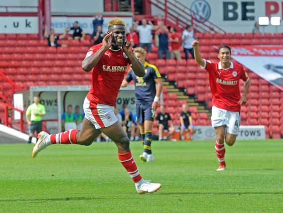 Mamadou Thiam celebrates his second goal in Barnsley's emphatic win over Oxford United. Picture: Tony Johnson