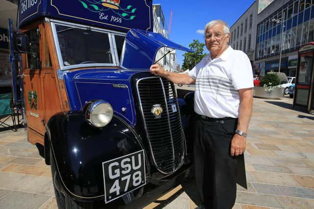 Classic car show on The Moor in Sheffield. Pictured is Jack Gelsthorpe with a 1957 Ford Thomas called Yorkie.