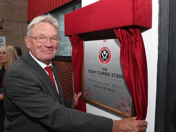 Tony Currie unveils a plaque on the South Stand, named in his honour