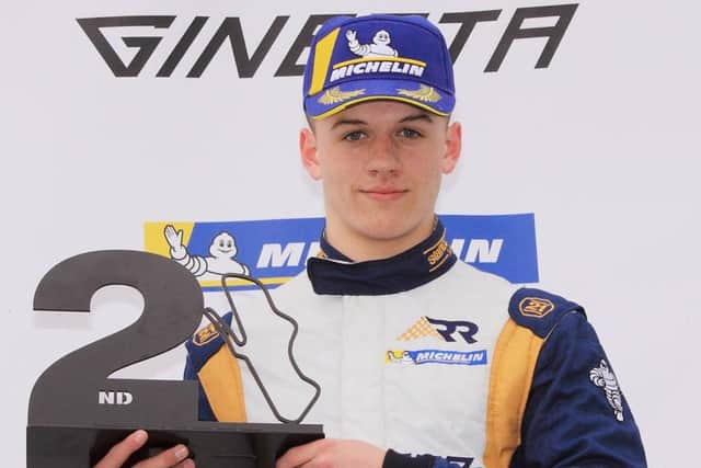 James Taylor [Rotherham] with his second podium of the series, with a Rookie Cup 2nd-place finish in the Ginetta Junior Championship race round 3 at Donington Park