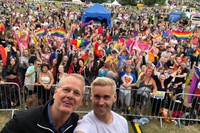 Steve Slack and James Laley with the crowd at Sheffield Pride