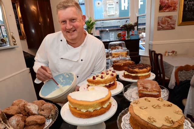 Furniture restorer turned cake maker, Mark Jameson, with some of his creations at Jameson's Cafe and Tea Rooms in Abbeydale Road, Sheffield.