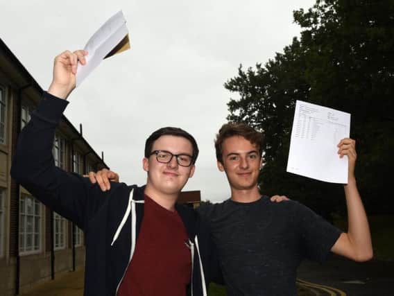 Dominic Littlewood, who achieved 2 A*'s, an A and a B, is going to Cambridge to study Computer Science, and Tom Phelps, who achieved 3 A*'s and an A, is going to Durham to study Maths, on A Level results day at High Storrs School.