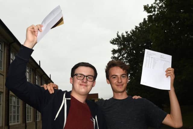 Dominic Littlewood, who achieved 2 A*'s, an A and a B, is going to Cambridge to study Computer Science, and Tom Phelps, who achieved 3 A*'s and an A, is going to Durham to study Maths, on A Level results day at High Storrs School.