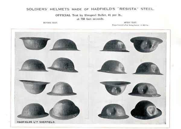 Gunfire tests on helmets made from Hadfield's Resista steel