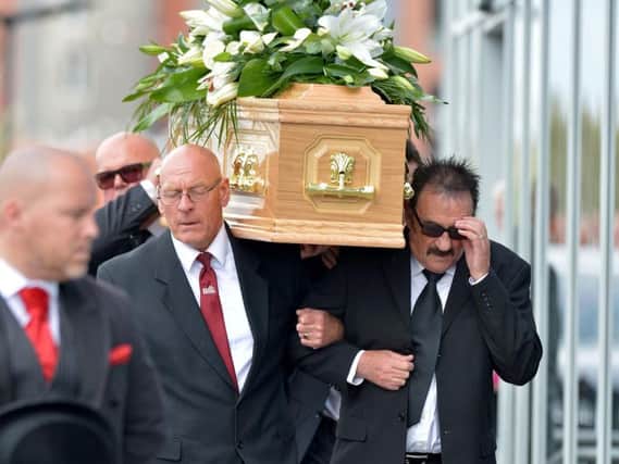 Paul Chuckle is seen as the coffin arrives for the funeral of Barry Chuckle in Rotherham - Picture: SWNS