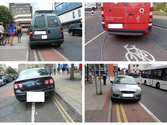 Some of the examples of cars parking in cycle lanes, which have been shared by exasperated cyclists in Sheffield