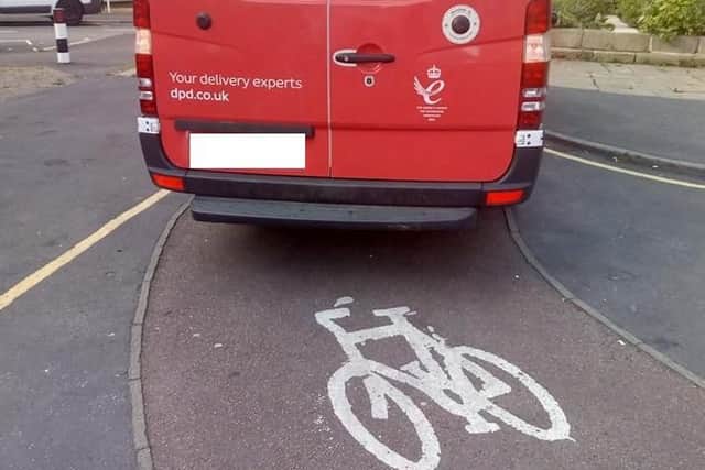 A delivery van parked on a cycle lane in Club Garden Road, Sharrow