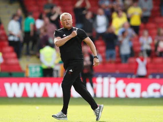 Chris Wilder celebrates after his side's 2-1 win over Norwich City at Bramall Lane. Picture: Simon Bellis/Sport Image