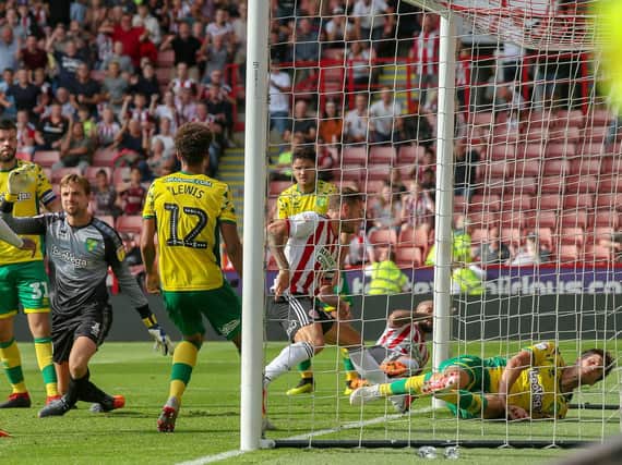 Billy Sharp runs off after scoring Sheffield United's winner against Norwich City. Picture: Sport Image