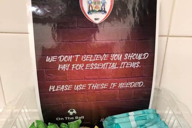 Barnsley F.C provides complimentary sanitary products for its female supporters. Picture: Twitter