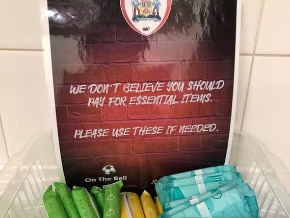 Barnsley F.C provides complimentary sanitary products for its female supporters. Picture: Twitter