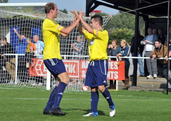 Worksop Town v Stafford Rangers.  Pictured is Tom Denton and Leon Mettam celebrating Worksops first goal (w120915-1s)