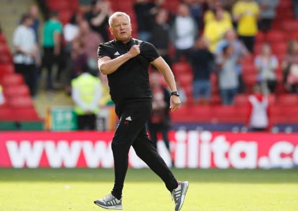 Chris Wilder celebrates after his side's 2-1 win over Norwich City at Bramall Lane. Picture: Simon Bellis/Sport Image