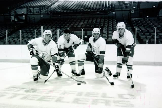 Ancient history: Members of the newly-formed Sheffield Steelers (from left) Mark Mackie, general manager Ronnie Wood, Ron Shudra and Dave Carrie.