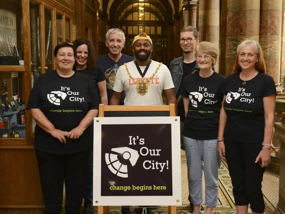Sheffield community group It's Our City ( pictured Fran Grace, Sue Kondakor, Andrew Kondakor, Ruth Hubbard and Shelley Cockayne) are joined by Lord Mayor Magid Magid at the launch their petition to force a referendum on how decisions are made by the council.
