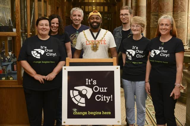 Fran Grace, Sue Kondakor, Andrew Kondakor, Ruth Hubbard and Shelley Cockayne are joined by Lord Mayor Magid Magid at the launch of their petition. Picture: Scott Merrylees