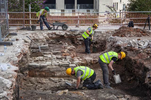 Archaeologists digging at the site of Sheffield Castle.