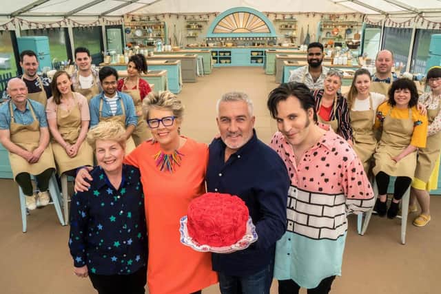 Sandi Toksvig, Prue Leith, Paul Hollywood and Noel Fielding with contestants taking part in The Great British Bake Off 2018