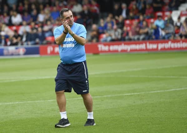 Chesterfield manager Martin Allen salutes the fans before the game: Picture by Steve Flynn/AHPIX.com, Football: Vanarama National League match Salford City -V- Chesterfield at Peninsula Stadium, Salford, Greater Manchester, England copyright picture Howard Roe 07973 739229