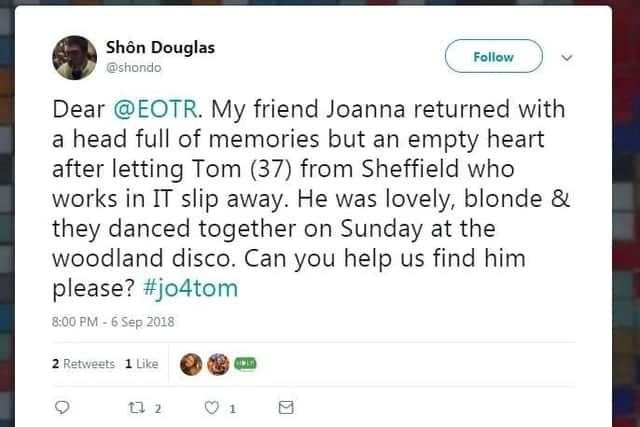 Joanna is on the hunt for Tom who she met at End of the Road festival
