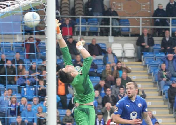 Chesterfield FC v Dover Athletic, the ball hits the bar in the final seconds