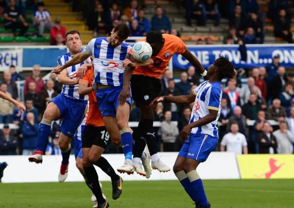 Picture by Howard Roe/AHPIX.com;Football;Vanarama; National League;
Hartlepool v Chesterfield 
27/08/2018   KO 3.00pm; Victoria Road;
copyright picture;Howard Roe;07973 739229

Chesterfield's Gozie Ugwu heads at goal