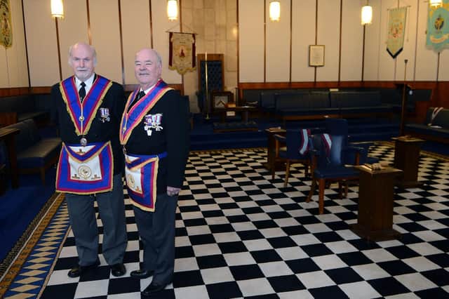 Worshipful brothers Terry Kirkwood (left) and Chris Watson in 2015 on the chequered carpet at Tapton Hall