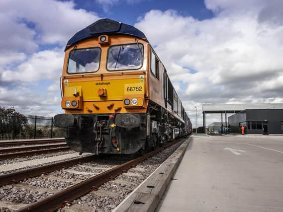 The first freight train, the GB Railfreight Class 66 locomotive no. 66752, The Hoosier State', has pulled in to thenewly-opened iPort Rail inland port in Rossington, Doncaster.