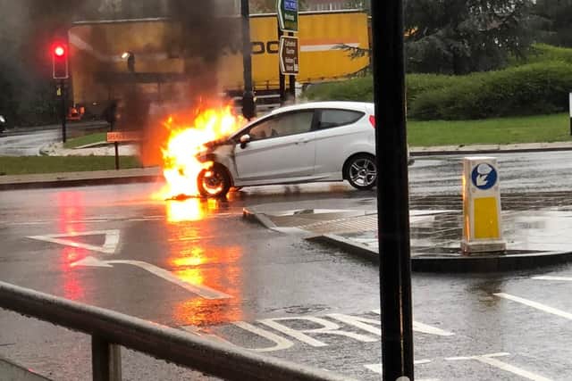 A car burst into flames near Shalesmoor roundabout earlier today (Picture: Ash Holt)