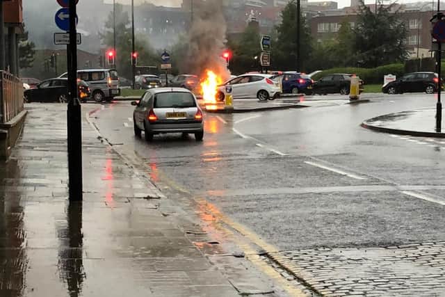 A car burst into flames near Shalesmoor roundabout earlier today (Picture: Ash Holt)