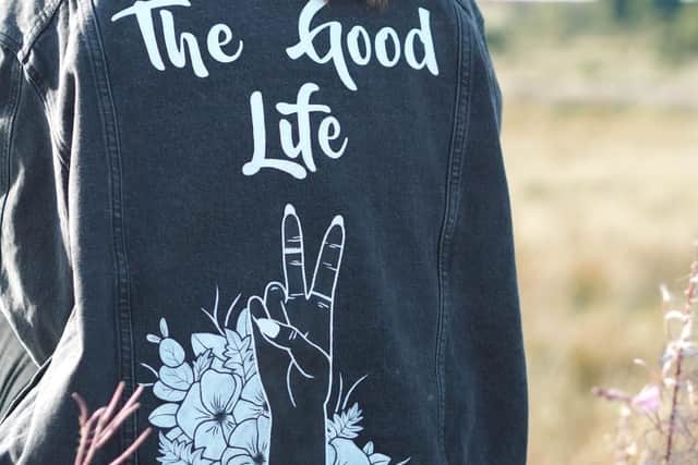 Vegan friendly hand painted jacket brand, The Good Life, by Sheffield-based social media marketer and entrepreneur and mum Aimee Hughes. Photo by Leanne Marshall.