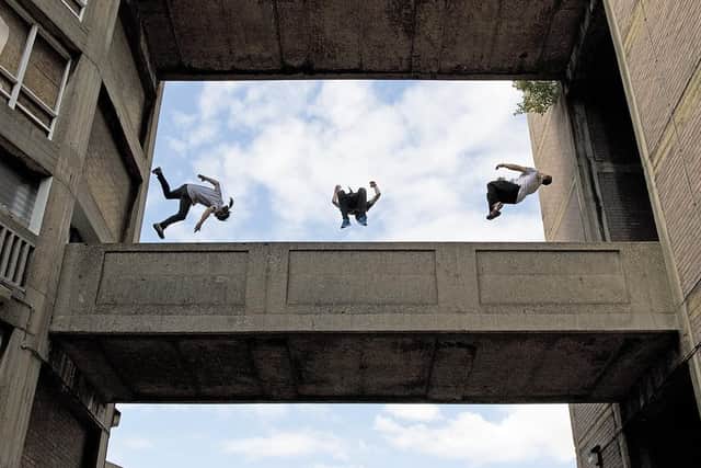 A sanctioned free running or parkour event at Park Hill flats in Sheffield (photo: Helen Ensor).