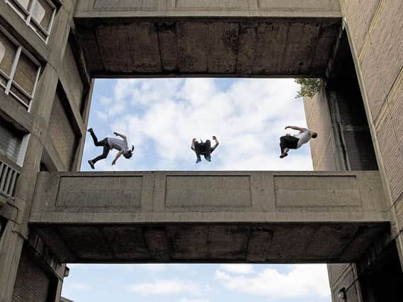 A sanctioned free running or parkour event at Park Hill flats in Sheffield (photo: Helen Ensor).